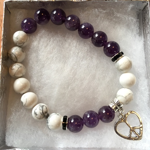 PeaceFrog Jewelry - Purple Amethyst White Howlite Heart Peace Bracelet